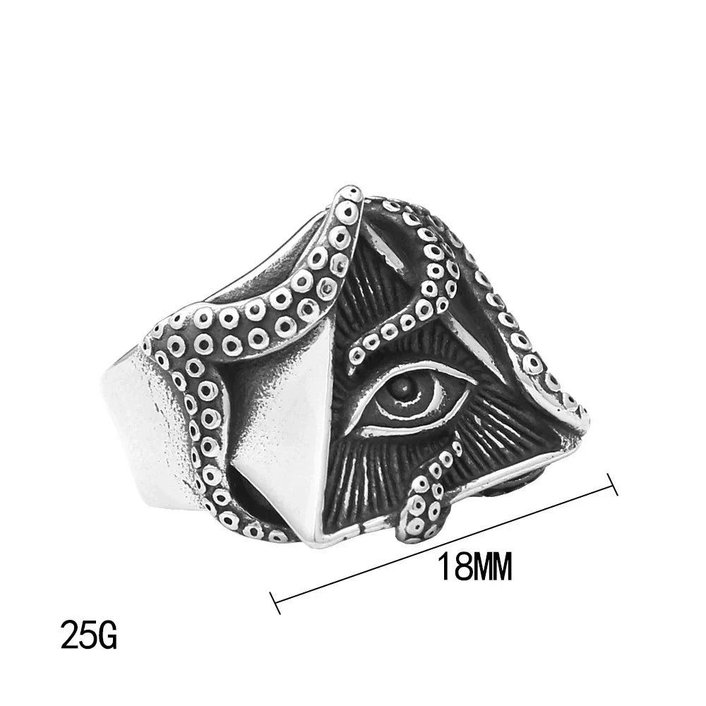 Norse Ring – All-Seeing Eye Pyramid Octopus Tentacle Gothic Punk Amulet Ring