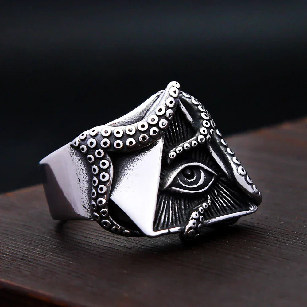 Norse Ring – All-Seeing Eye Pyramid Octopus Tentacle Gothic Punk Amulet Ring
