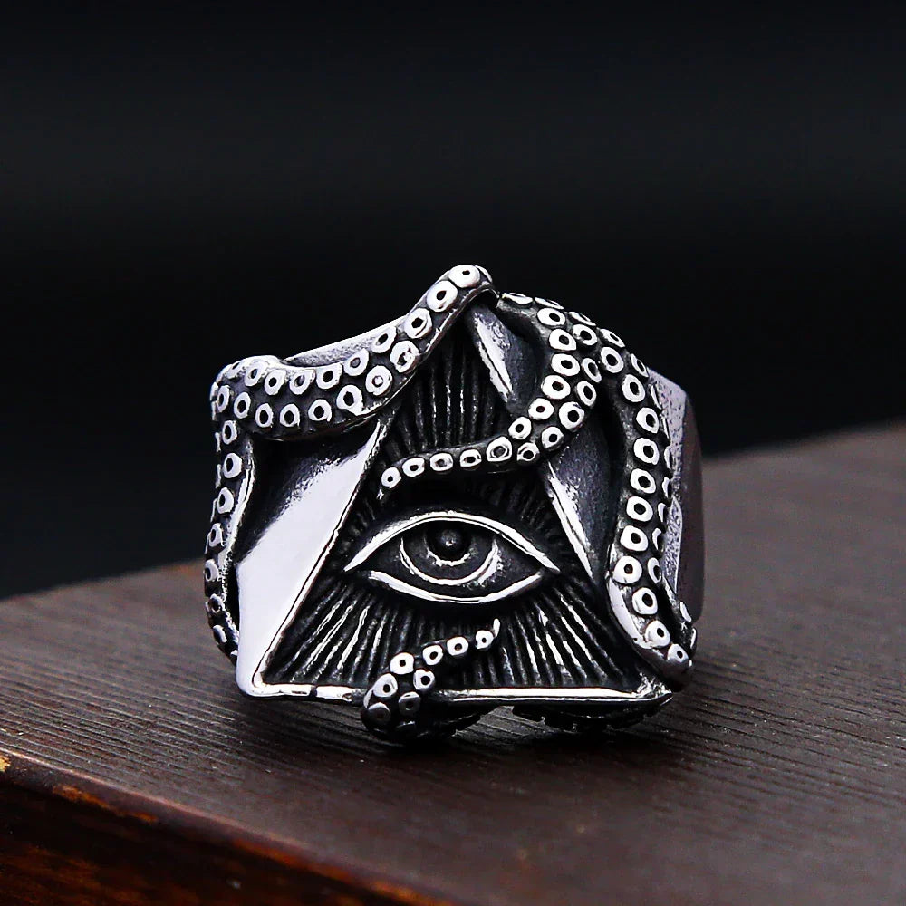 Norse Ring – All-Seeing Eye Pyramid Octopus Tentacle Gothic Punk Amulet Ring