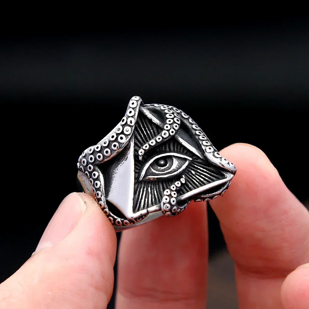 Norse Ring – All-Seeing Eye Pyramid Octopus Tentacle Gothic Punk Amulet Ring