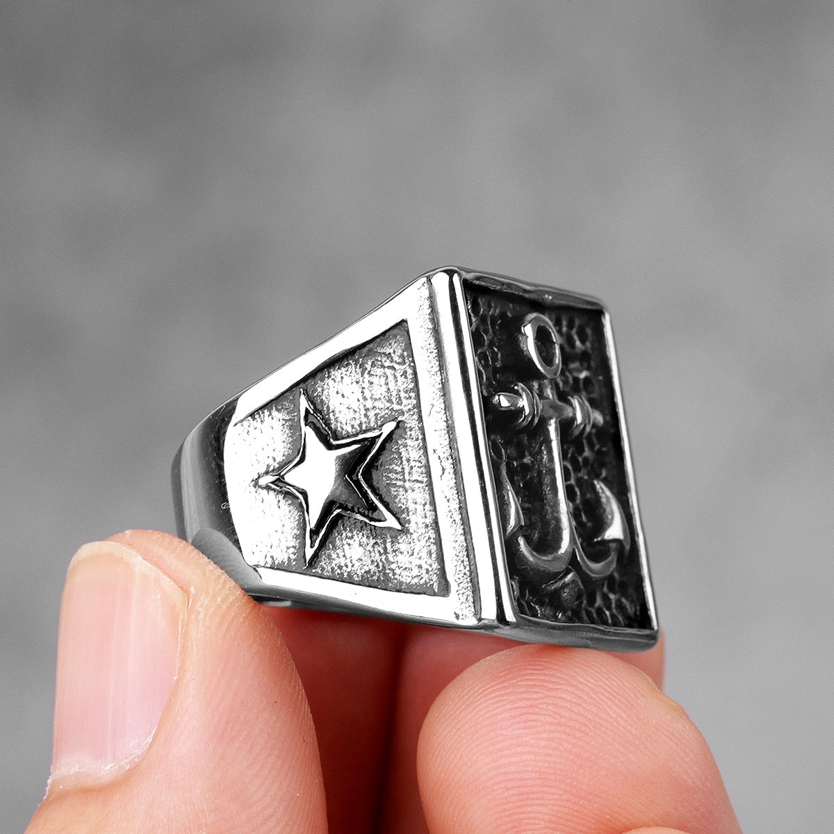 Anchor Compass Ring – Biker with Navy Ocean Star Punk Rock Hip Hop Statement detail image - detail view 3