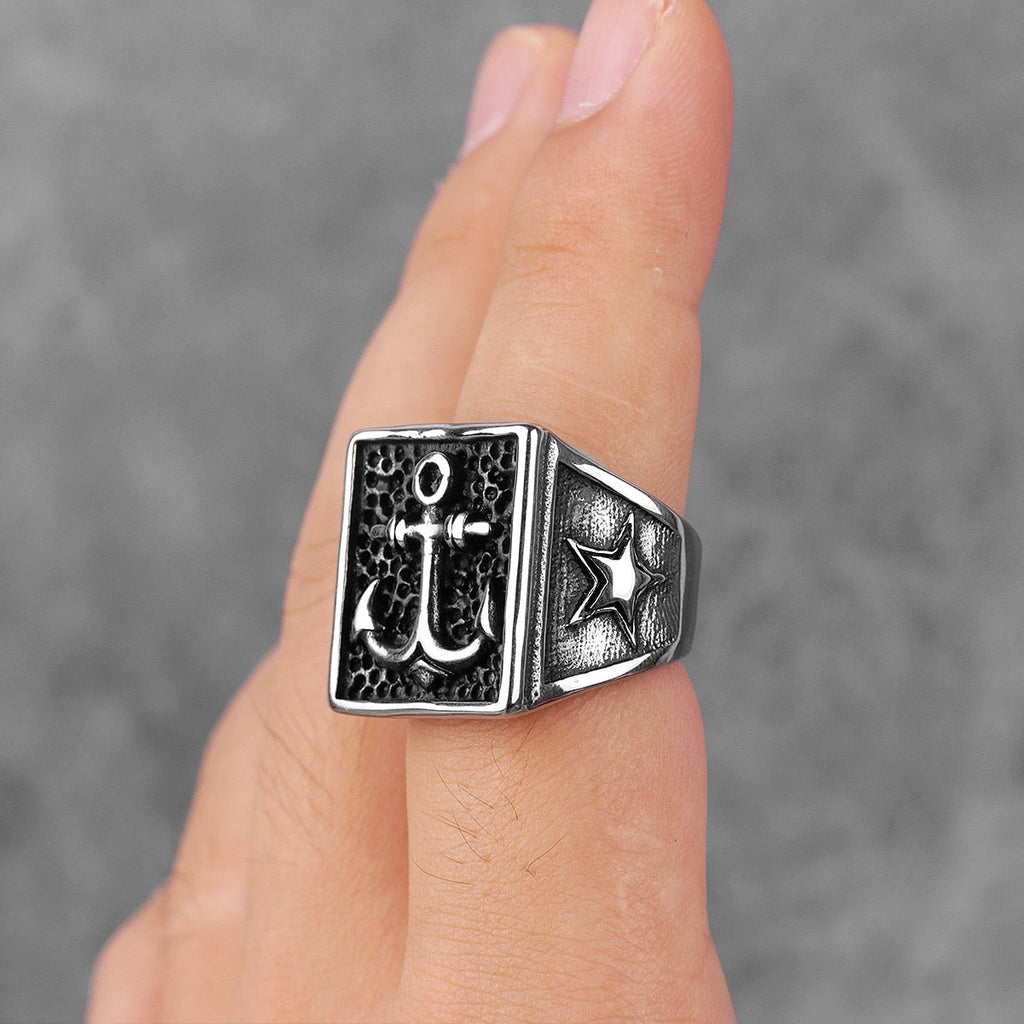 Anchor Compass Ring – Biker with Navy Ocean Star Punk Rock Hip Hop Statement detail image - detail view 4