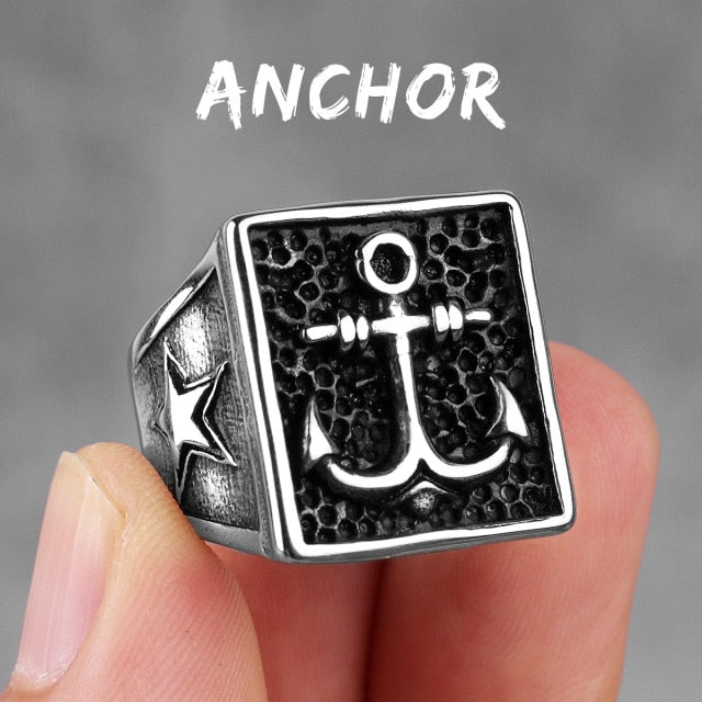 Anchor Compass Ring – Biker with Navy Ocean Star Punk Rock Hip Hop Statement detail image - detail view 7