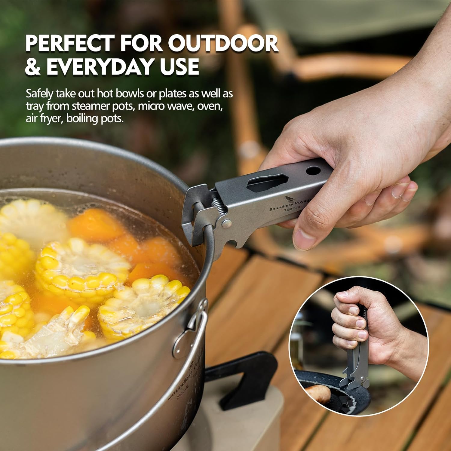 Camping Tool – Pure Titanium Tongs with 3-in-1 Pot Gripper, Bottle Opener & Wrench detail image