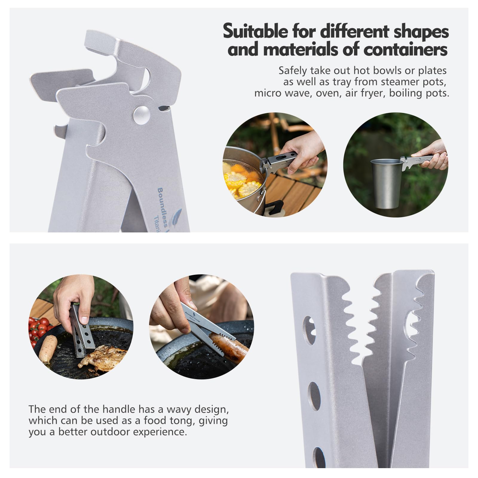 Camping Tool – Pure Titanium Tongs with 3-in-1 Pot Gripper, Bottle Opener & Wrench detail image - detail view 6