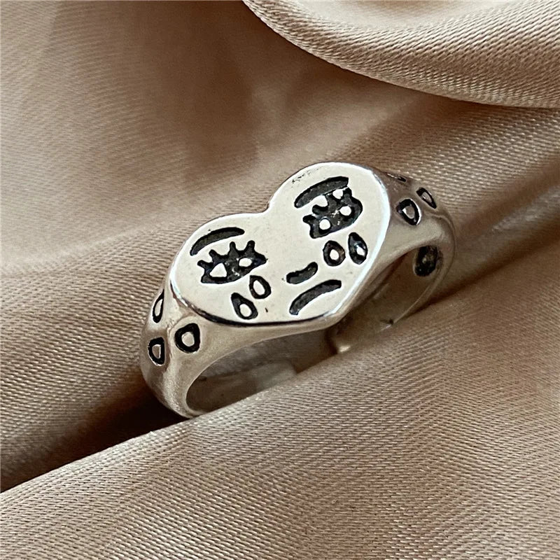 Crying Heart Signet Ring – Gothic Punk Vintage Adjustable Statement detail image
