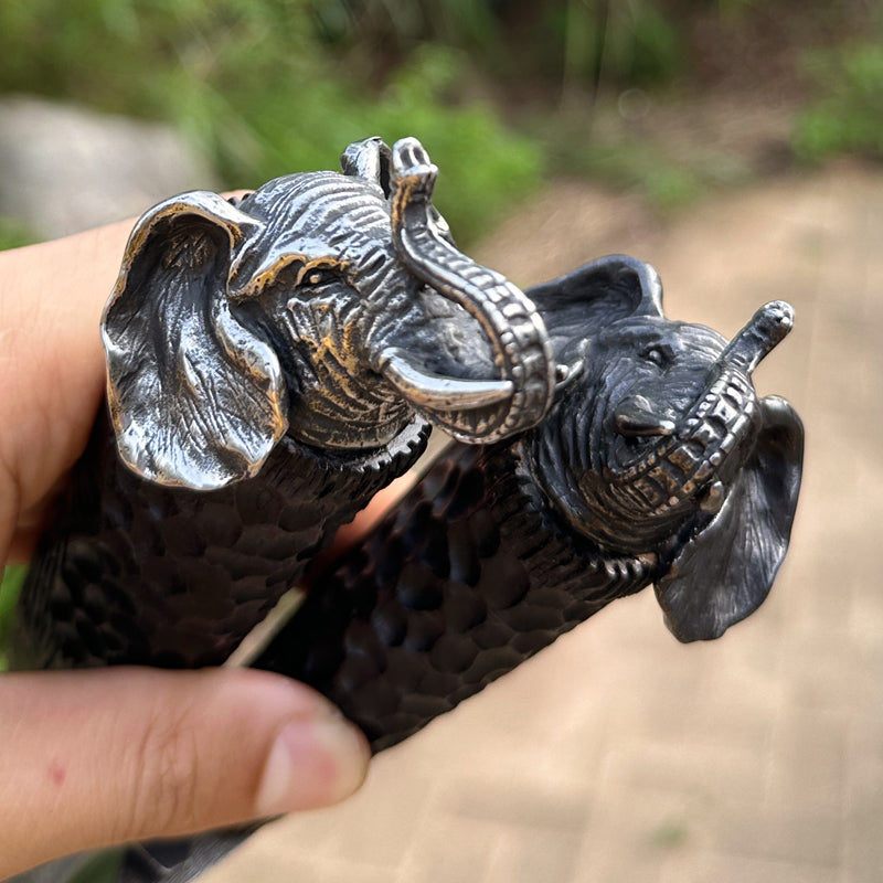 Damascus EDC Knife – Hand Forged 103 Layer VG10 Ebony Handle Elephant Head Leather Sheath detail image - detail view 10