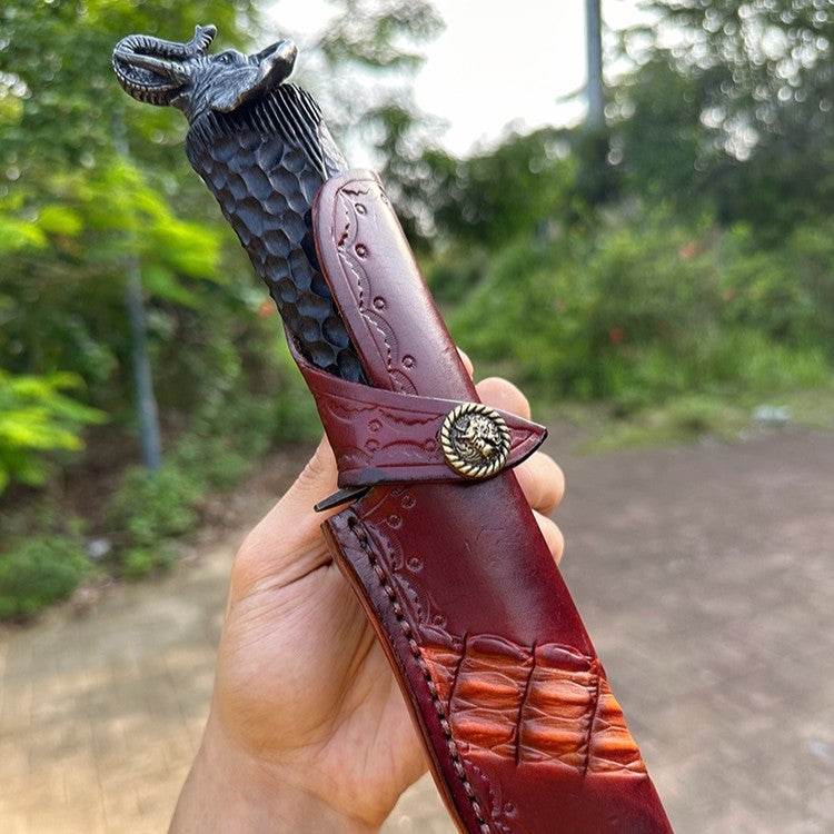 Damascus EDC Knife – Hand Forged 103 Layer VG10 Ebony Handle Elephant Head Leather Sheath detail image - detail view 11
