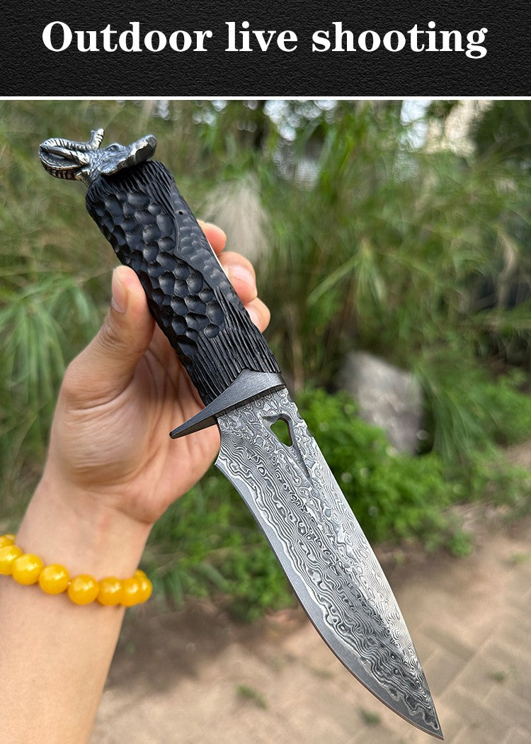 Damascus EDC Knife – Hand Forged 103 Layer VG10 Ebony Handle Elephant Head Leather Sheath detail image - detail view 14