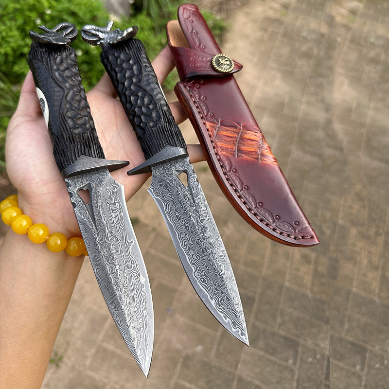 Damascus EDC Knife – Hand Forged 103 Layer VG10 Ebony Handle Elephant Head Leather Sheath detail image