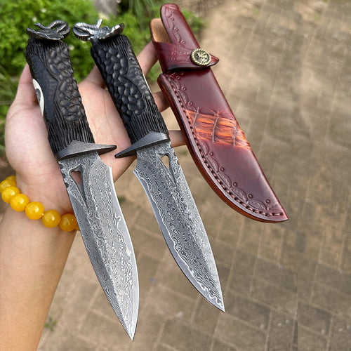 Damascus EDC Knife – Hand Forged 103 Layer VG10 Ebony Handle Elephant Head Leather Sheath detail image