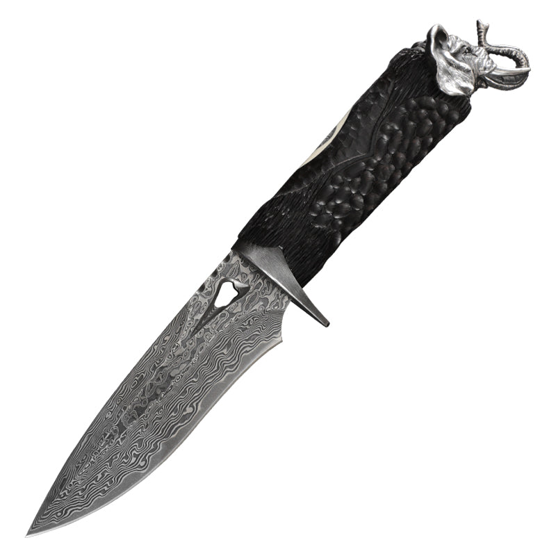 Damascus EDC Knife – Hand Forged 103 Layer VG10 Ebony Handle Elephant Head Leather Sheath detail image - detail view 3