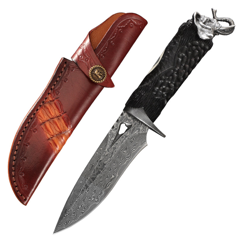 Damascus EDC Knife – Hand Forged 103 Layer VG10 Ebony Handle Elephant Head Leather Sheath detail image - detail view 4