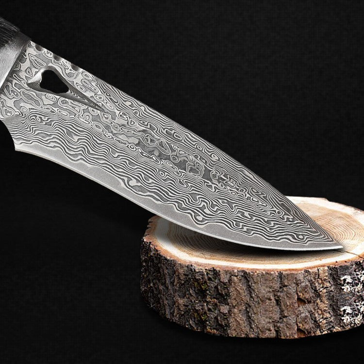 Damascus EDC Knife – Hand Forged 103 Layer VG10 Ebony Handle Elephant Head Leather Sheath detail image - detail view 5