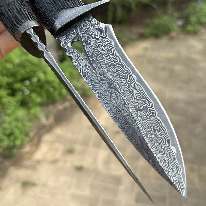 Damascus EDC Knife – Hand Forged 103 Layer VG10 Ebony Handle Elephant Head Leather Sheath detail image - detail view 6