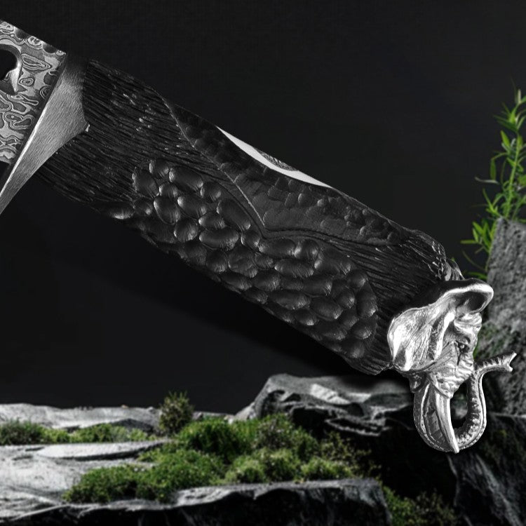Damascus EDC Knife – Hand Forged 103 Layer VG10 Ebony Handle Elephant Head Leather Sheath detail image - detail view 7