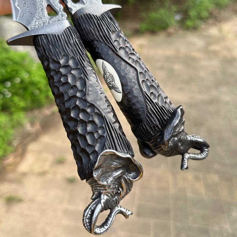 Damascus EDC Knife – Hand Forged 103 Layer VG10 Ebony Handle Elephant Head Leather Sheath detail image - detail view 8