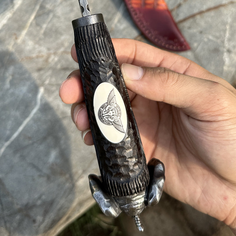 Damascus EDC Knife – Hand Forged 103 Layer VG10 Ebony Handle Elephant Head Leather Sheath detail image - detail view 9