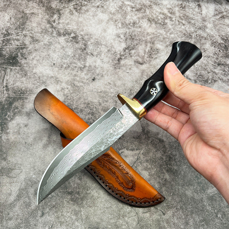 Damascus EDC Knife – Hand Forged SKD-11 Steel Purple Heartwood Leather Sheath Survival detail image - detail view 10