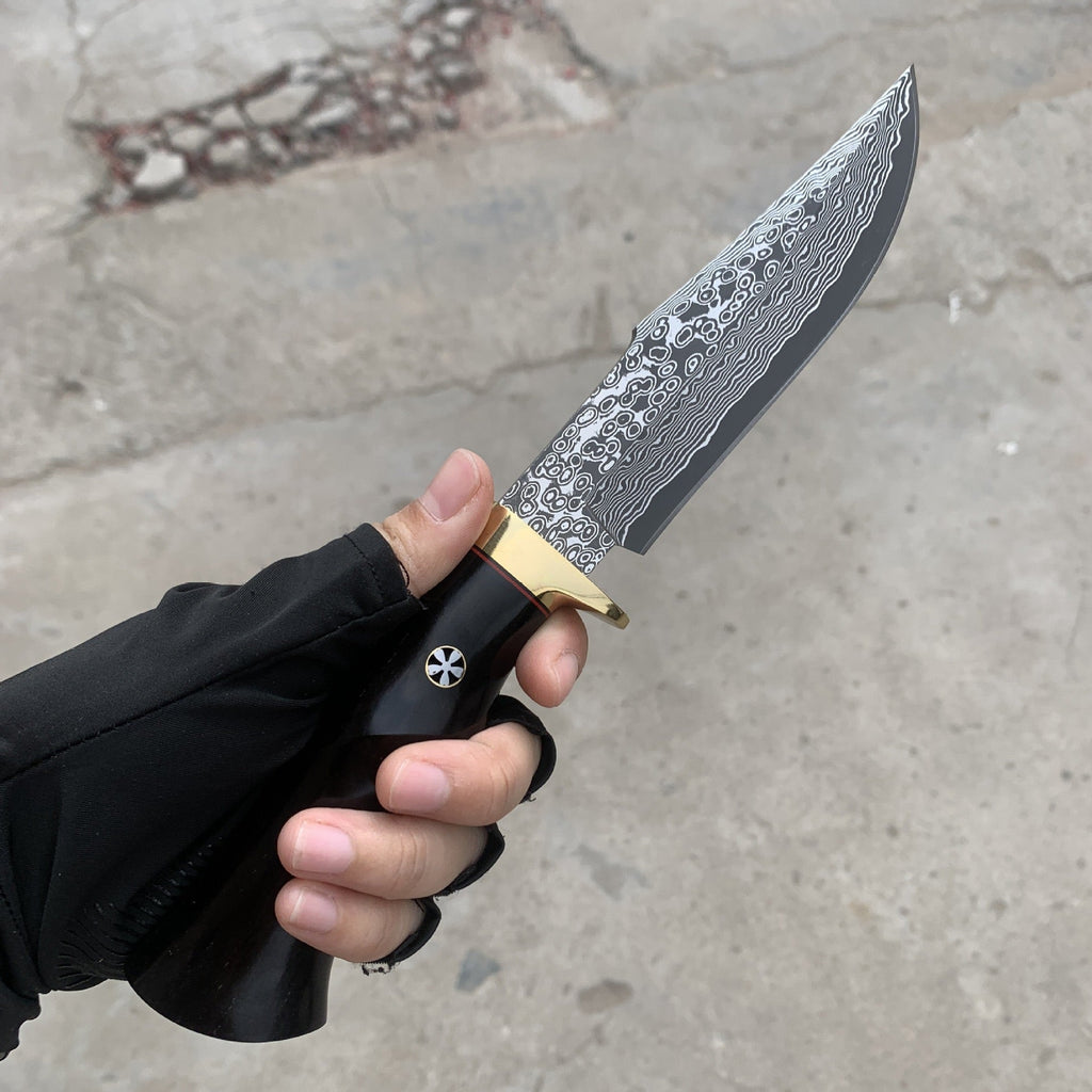 Damascus EDC Knife – Hand Forged SKD-11 Steel Purple Heartwood Leather Sheath Survival detail image - detail view 11