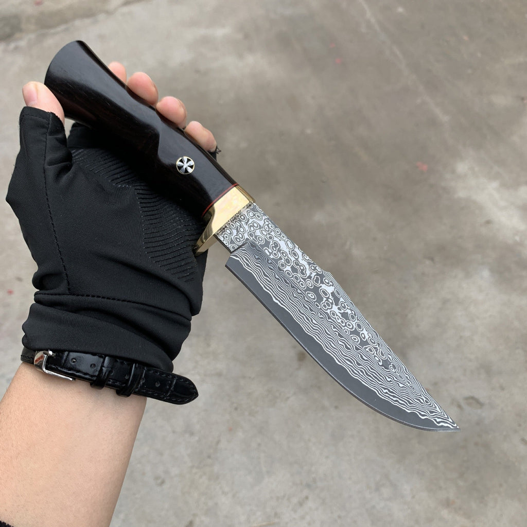 Damascus EDC Knife – Hand Forged SKD-11 Steel Purple Heartwood Leather Sheath Survival detail image - detail view 13