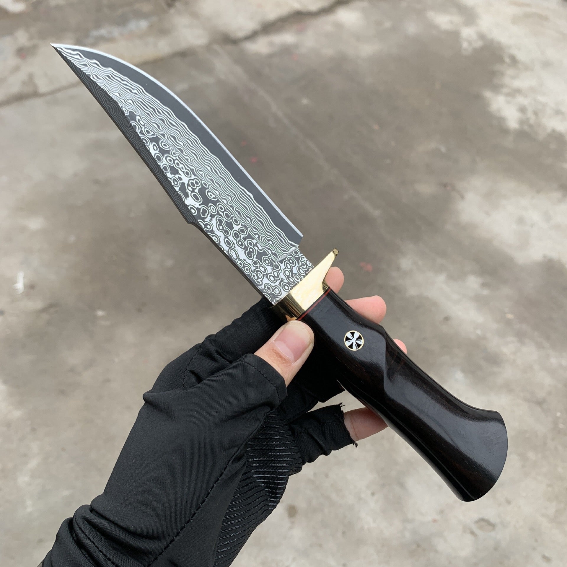 Damascus EDC Knife – Hand Forged SKD-11 Steel Purple Heartwood Leather Sheath Survival detail image - detail view 14