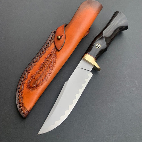 Damascus EDC Knife – Hand Forged SKD-11 Steel Purple Heartwood Leather Sheath Survival detail image