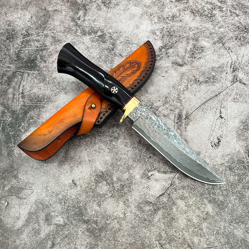 Damascus EDC Knife – Hand Forged SKD-11 Steel Purple Heartwood Leather Sheath Survival detail image - detail view 3