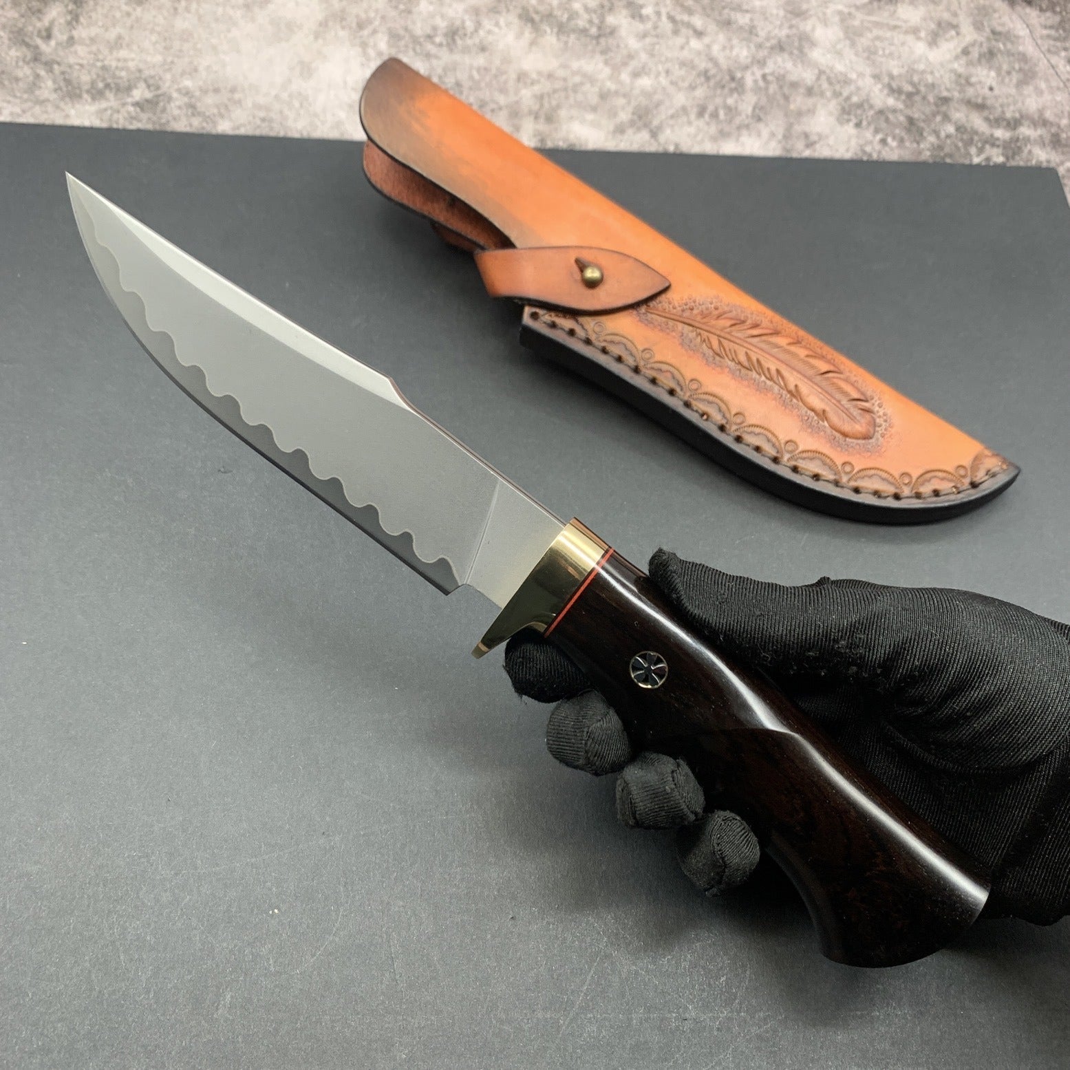 Damascus EDC Knife – Hand Forged SKD-11 Steel Purple Heartwood Leather Sheath Survival detail image - detail view 4