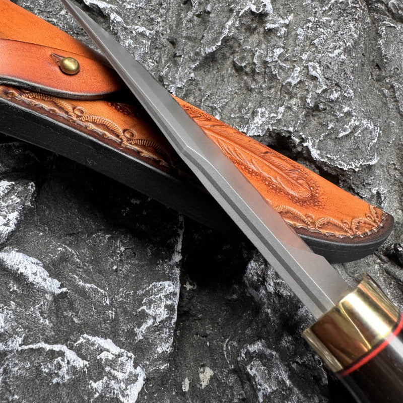 Damascus EDC Knife – Hand Forged SKD-11 Steel Purple Heartwood Leather Sheath Survival detail image - detail view 6