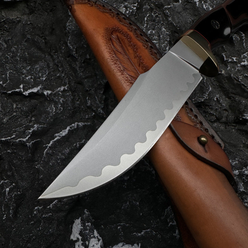 Damascus EDC Knife – Hand Forged SKD-11 Steel Purple Heartwood Leather Sheath Survival detail image - detail view 7