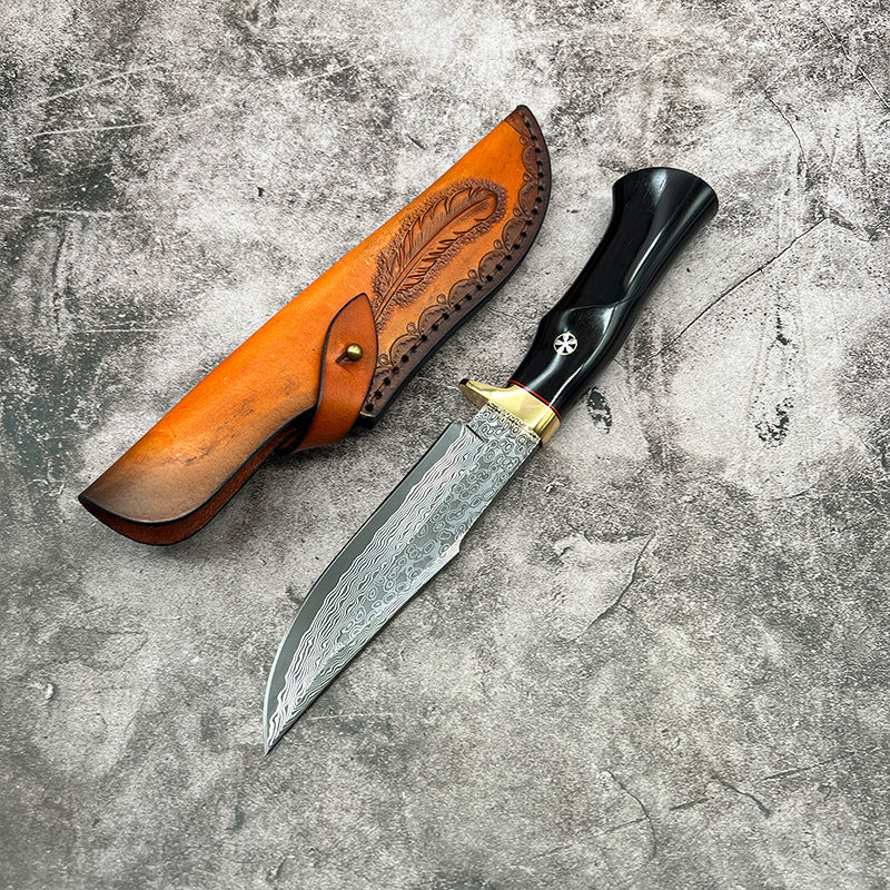Damascus EDC Knife – Hand Forged SKD-11 Steel Purple Heartwood Leather Sheath Survival detail image - detail view 9