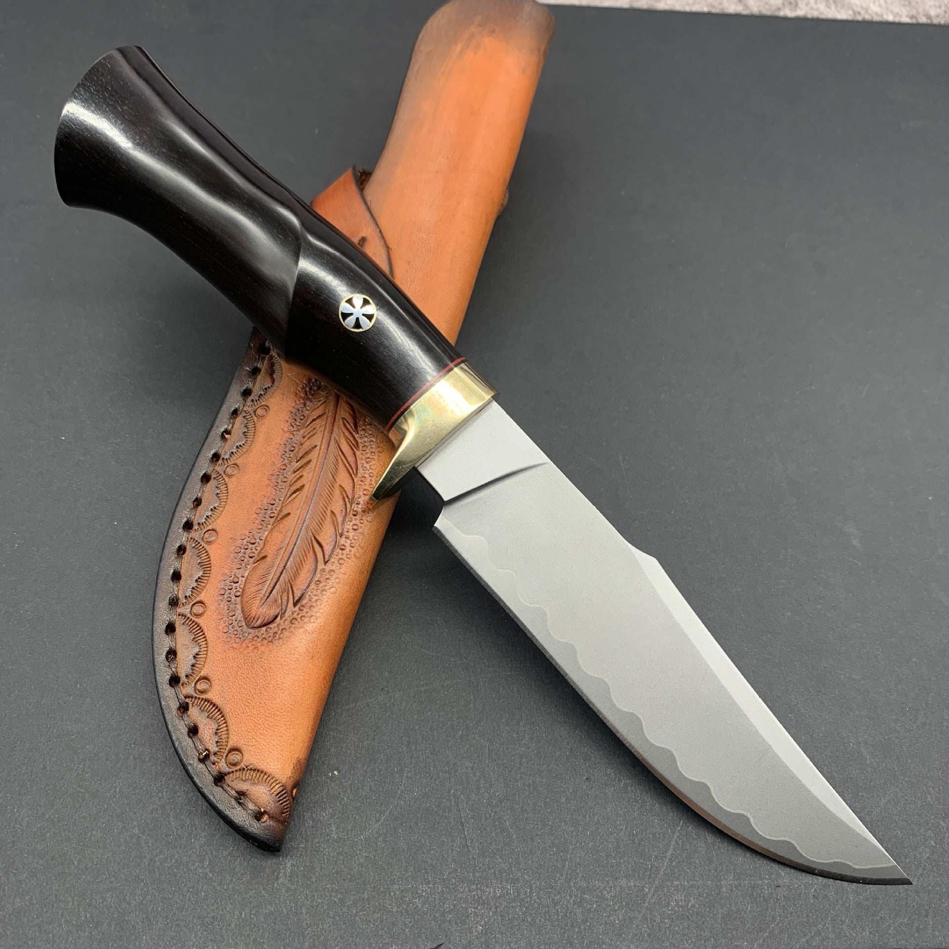 Damascus EDC Knife – Hand Forged SKD-11 Steel Purple Heartwood Leather Sheath Survival product image