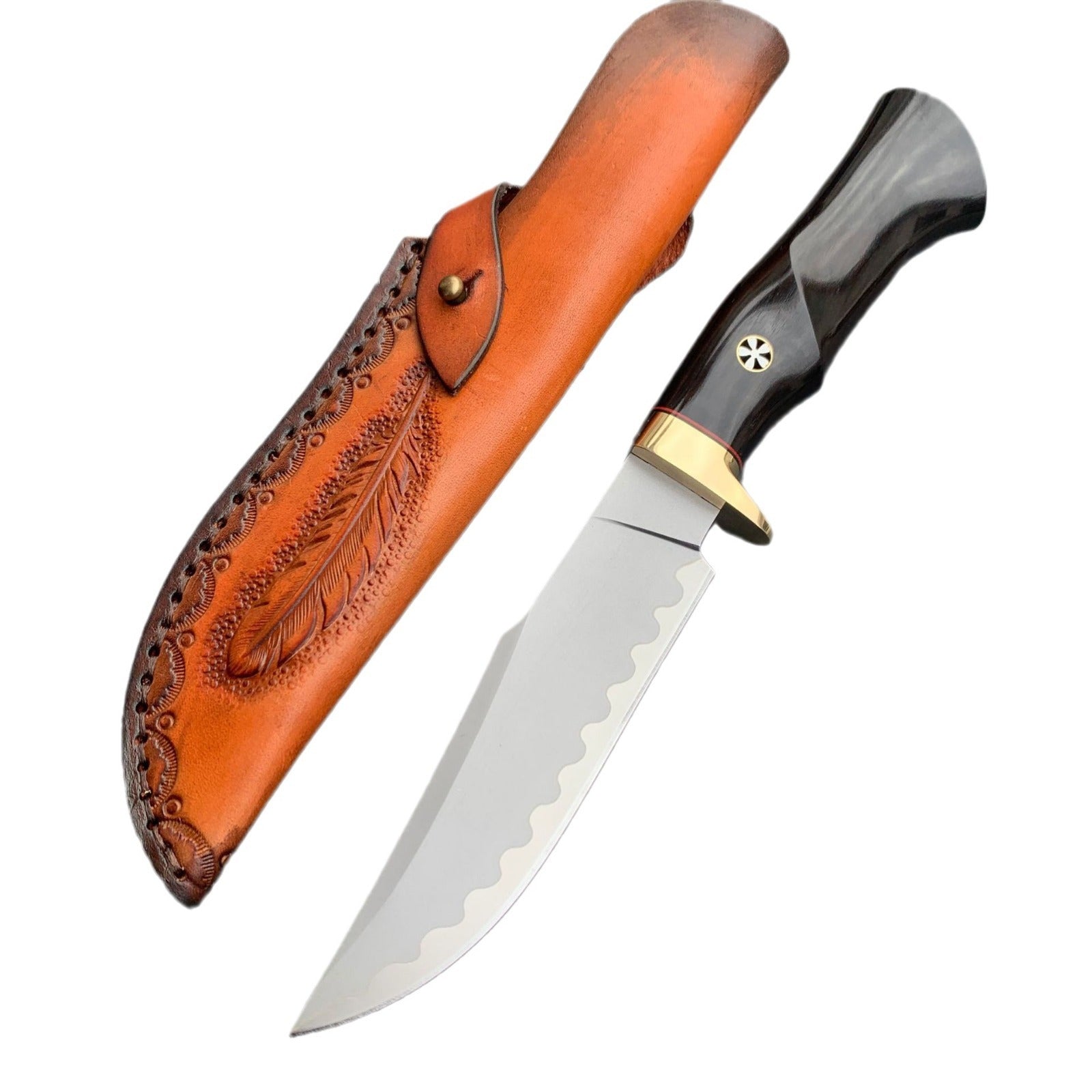 Damascus EDC Knife – Hand Forged SKD-11 Steel Purple Heartwood Leather Sheath Survival variant image