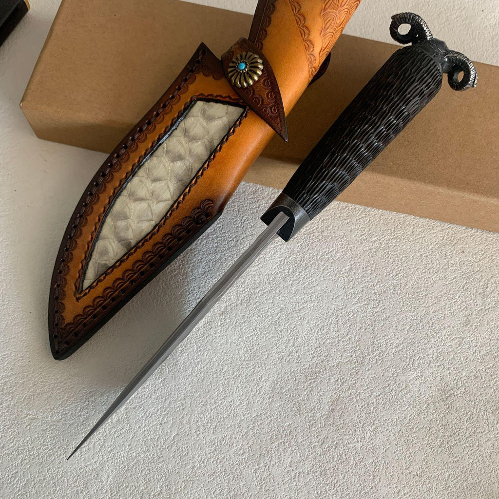 Damascus Fixed Blade Knife – Hand Forged Sanmai VG10 Core Ebony Handle Tactical Survival detail image - detail view 6