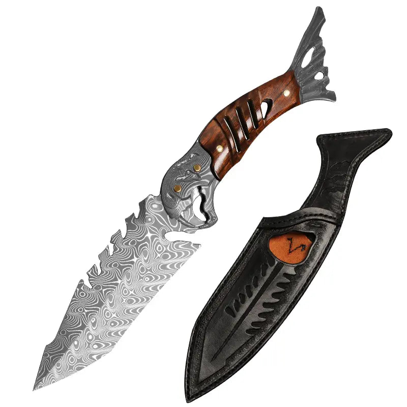 Damascus Fixed Blade Knife – Ironwood Fang Fishbone with 95-Layer Hand-Forged detail image - detail view 9