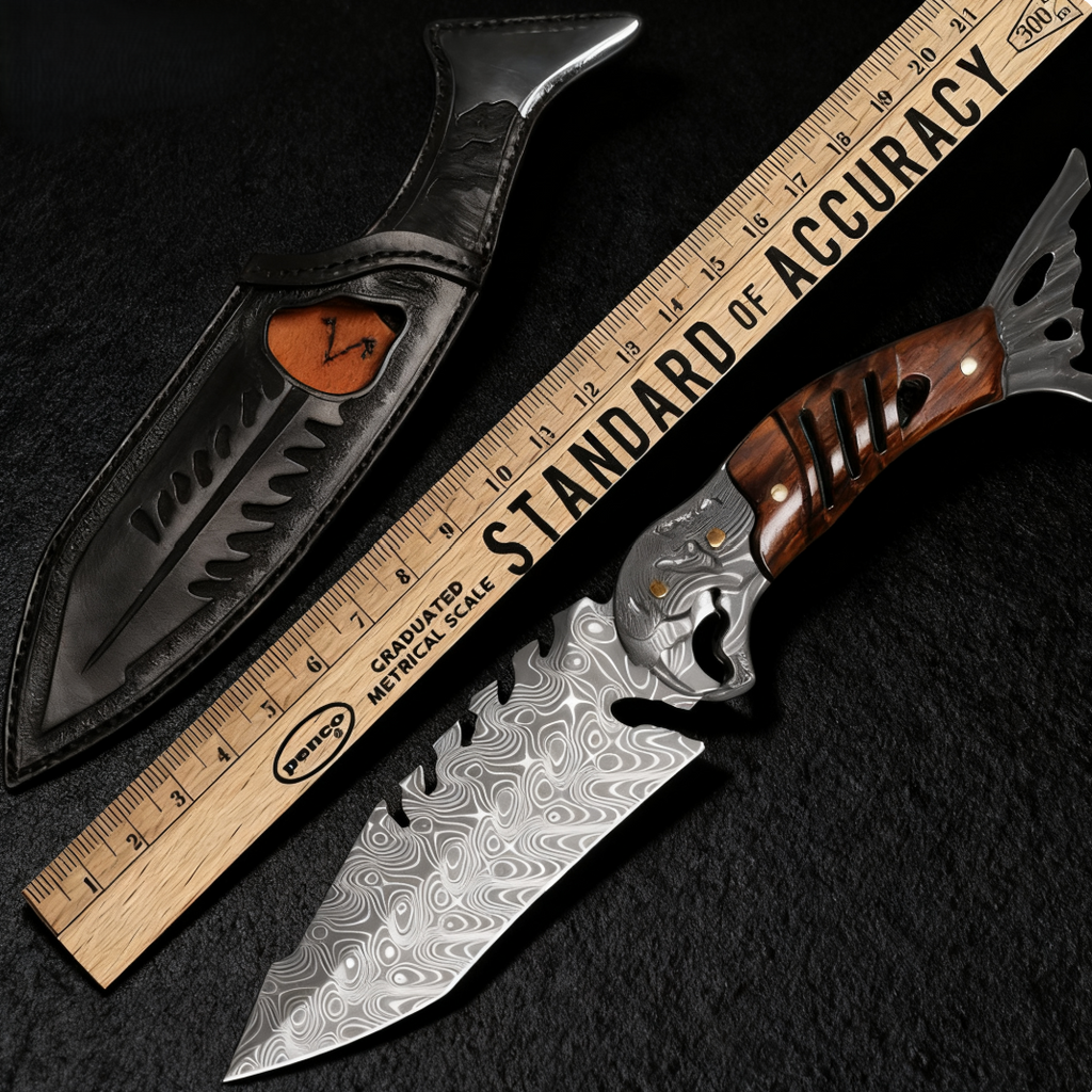 Damascus Fixed Blade Knife – Ironwood Fang Fishbone with 95-Layer Hand-Forged product image
