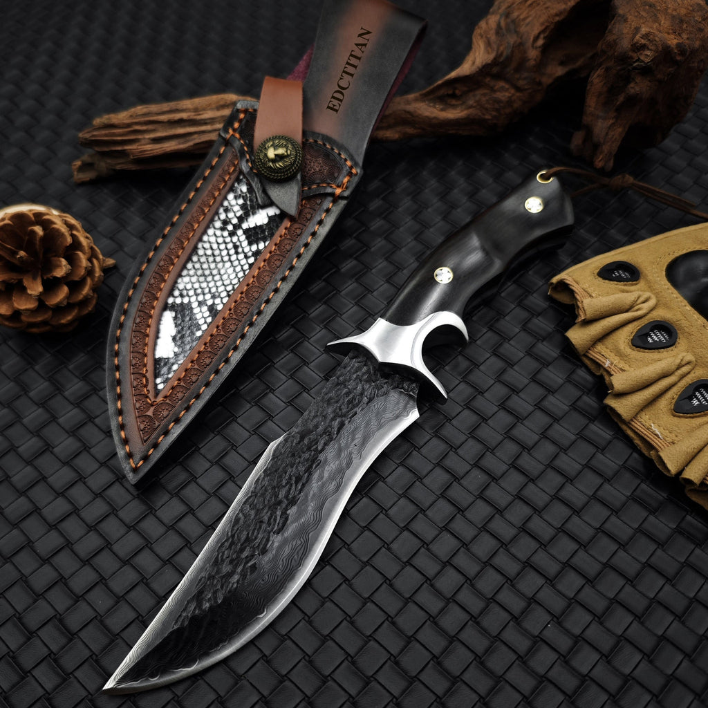 Damascus Fixed Blade Knife – Obsidian Fang Hunting with 105-Layer VG10 & Ebony Handle detail image - detail view 14