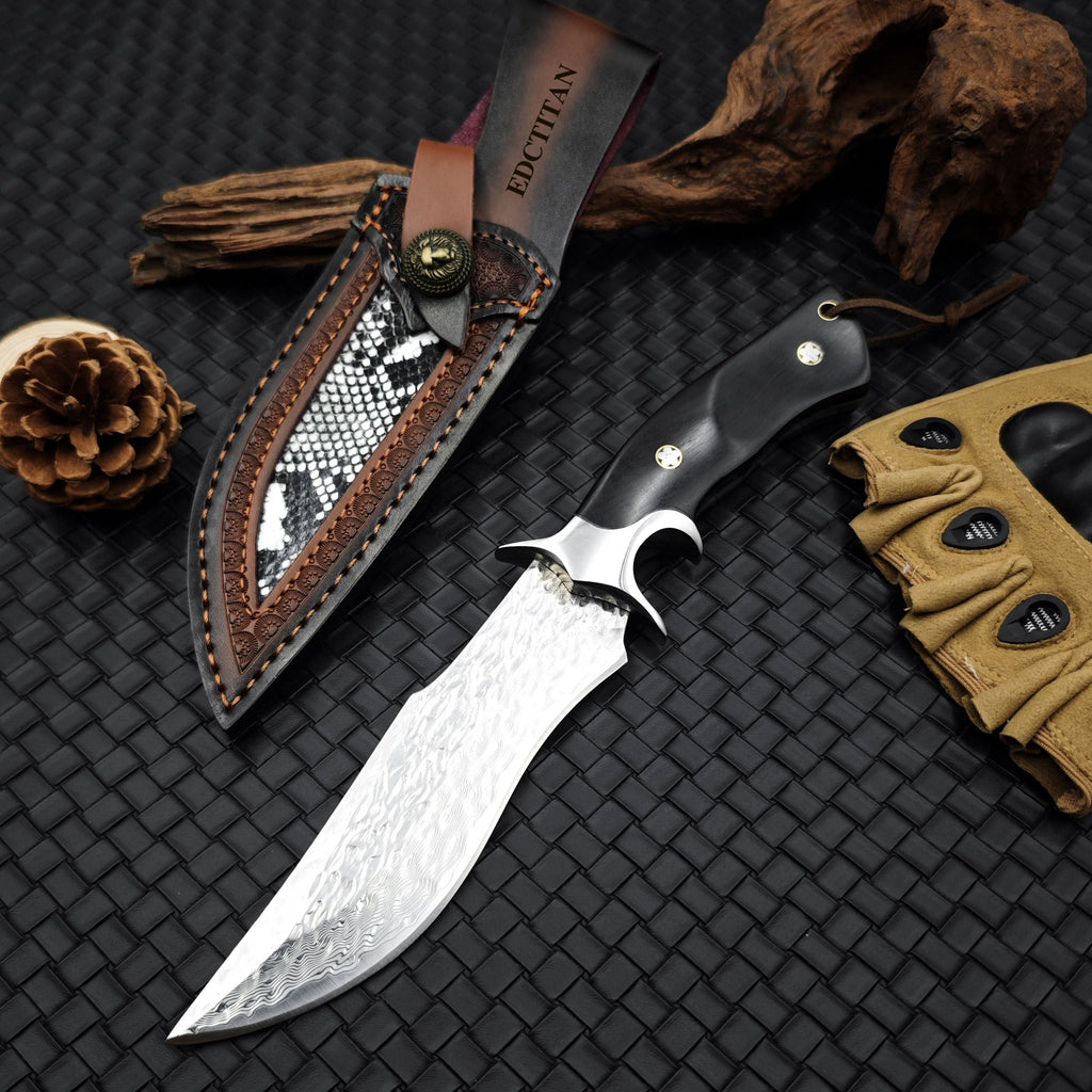 Damascus Fixed Blade Knife – Obsidian Fang Hunting with 105-Layer VG10 & Ebony Handle detail image - detail view 15