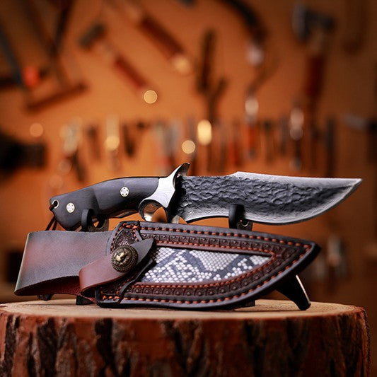 Damascus Fixed Blade Knife – Obsidian Fang Hunting with 105-Layer VG10 & Ebony Handle product image