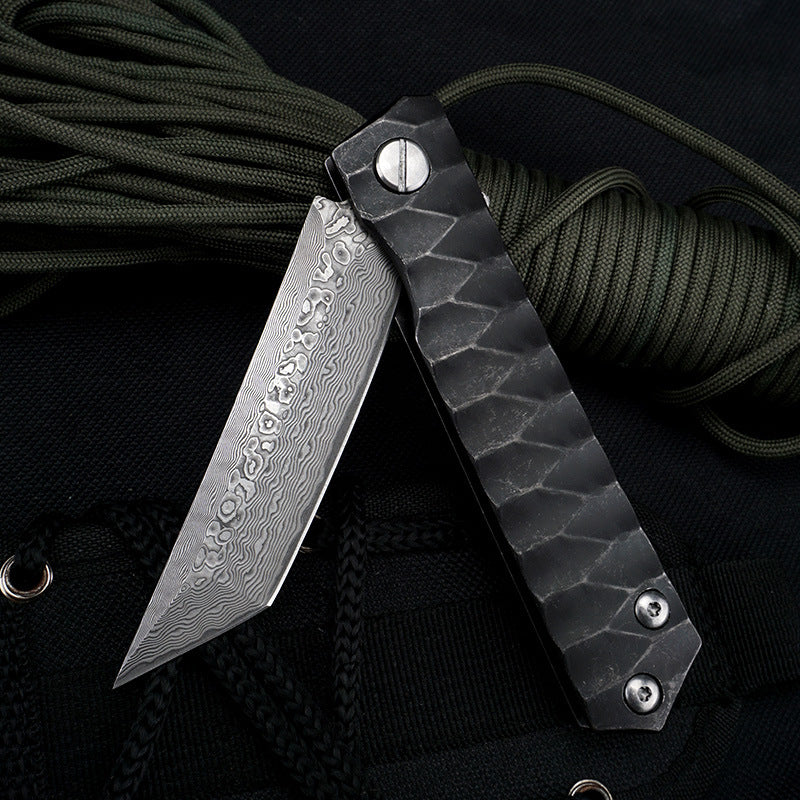 Damascus Folding Knife – D2 Steel Tanto Blade Bearing System Pocket Clip EDC Camping detail image