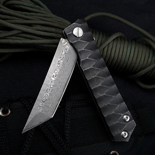 Damascus Folding Knife – D2 Steel Tanto Blade Bearing System Pocket Clip EDC Camping detail image