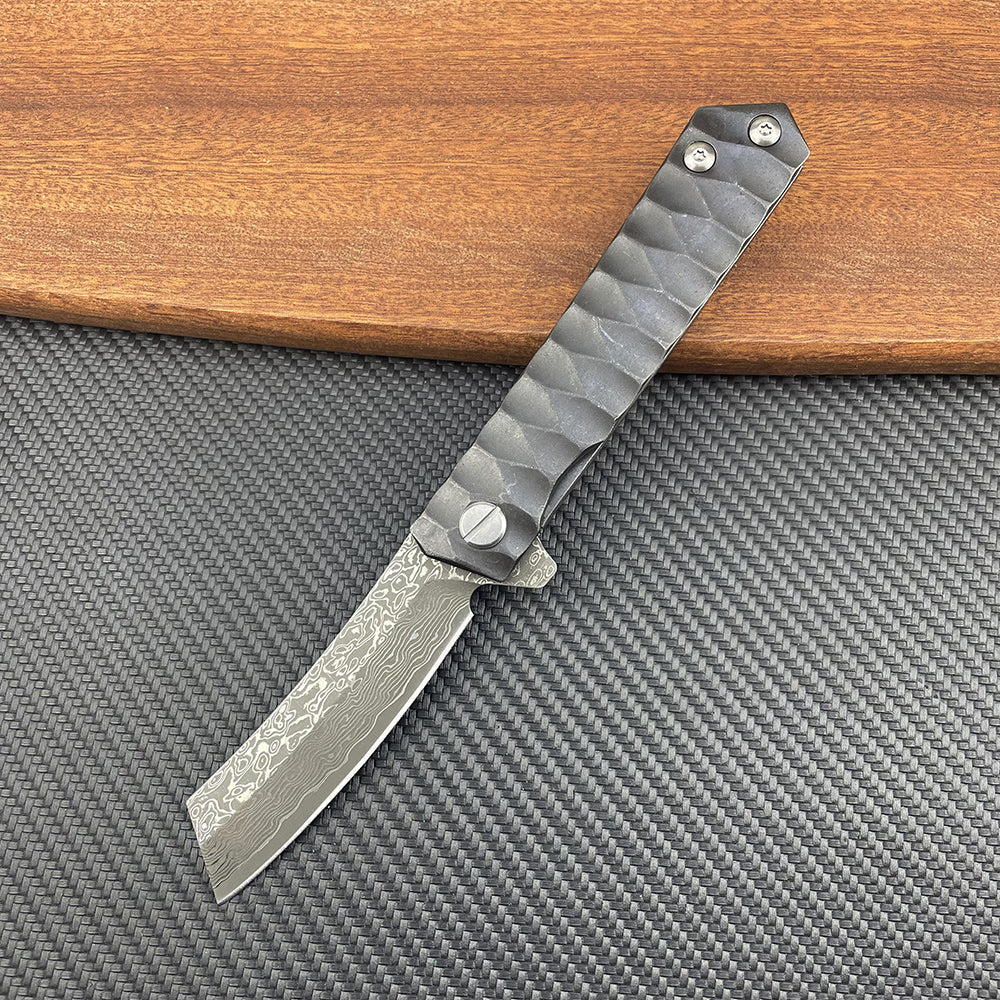 Damascus Folding Knife – D2 Steel Tanto Blade Bearing System Pocket Clip EDC Camping detail image - detail view 6