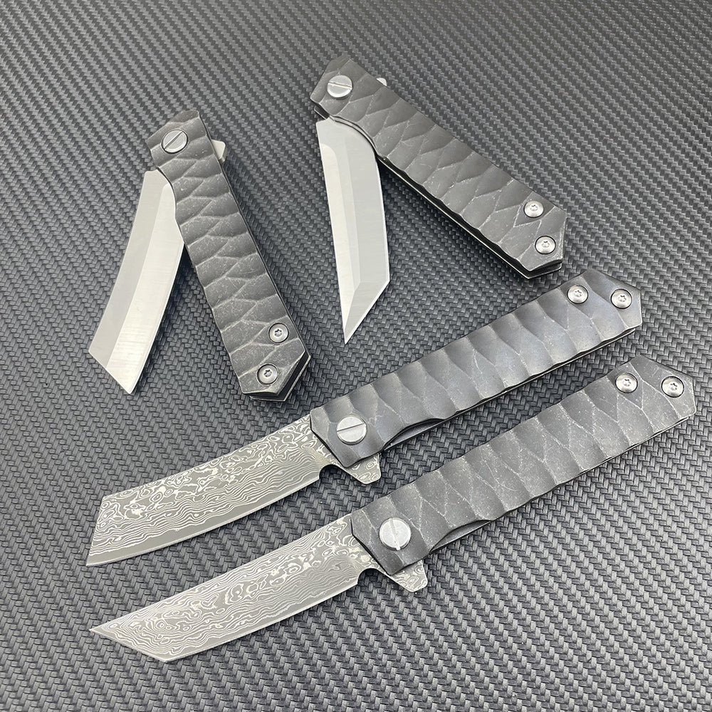 Damascus Folding Knife – D2 Steel Tanto Blade Bearing System Pocket Clip EDC Camping detail image - detail view 7