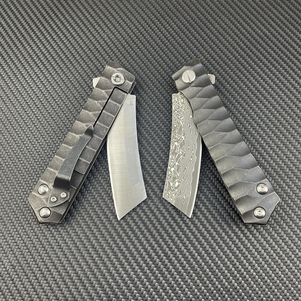 Damascus Folding Knife – D2 Steel Tanto Blade Bearing System Pocket Clip EDC Camping detail image - detail view 8