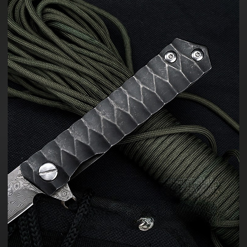 Damascus Folding Knife – D2 Steel Tanto Blade Bearing System Pocket Clip EDC Camping detail image - detail view 9