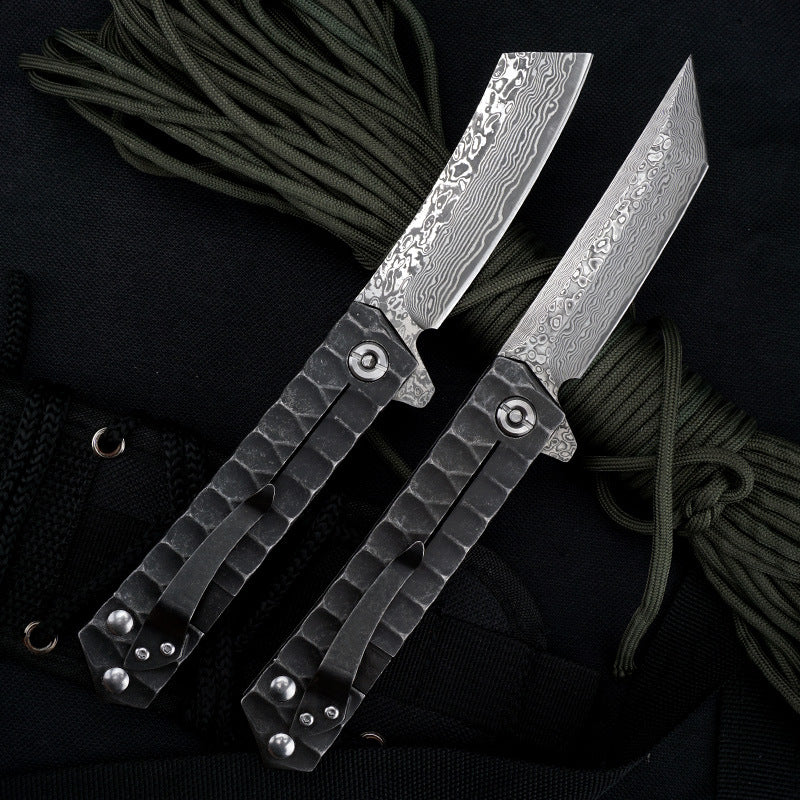 Damascus Folding Knife – D2 Steel Tanto Blade Bearing System Pocket Clip EDC Camping product image