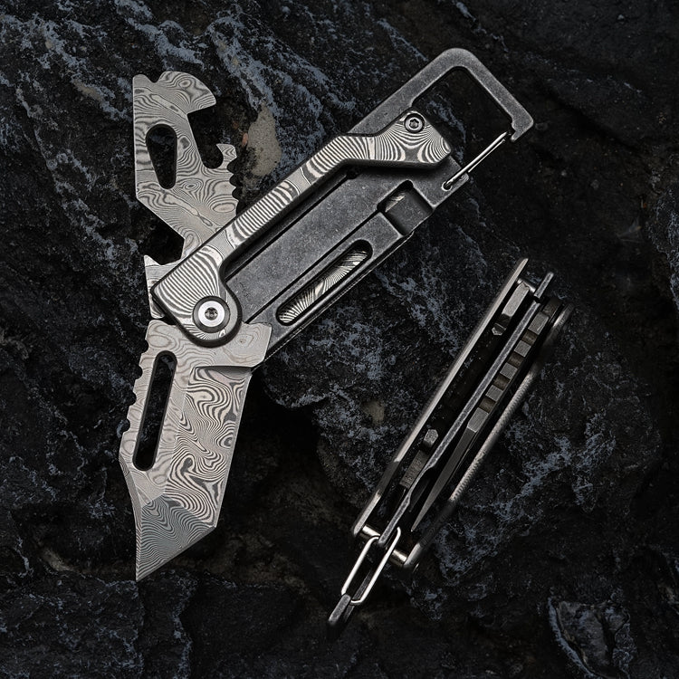 Damascus Folding Knife – Dual-Action Blade with 9-in-1 EDC Keychain Tool detail image - detail view 10