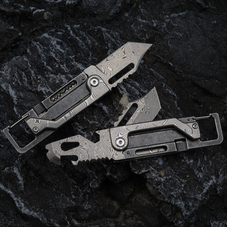 Damascus Folding Knife – Dual-Action Blade with 9-in-1 EDC Keychain Tool detail image