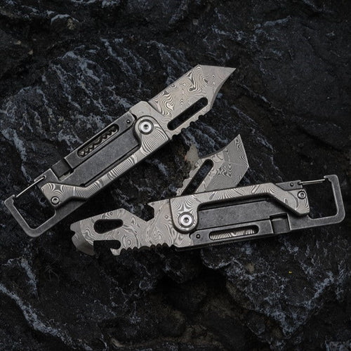 Damascus Folding Knife – Dual-Action Blade with 9-in-1 EDC Keychain Tool detail image